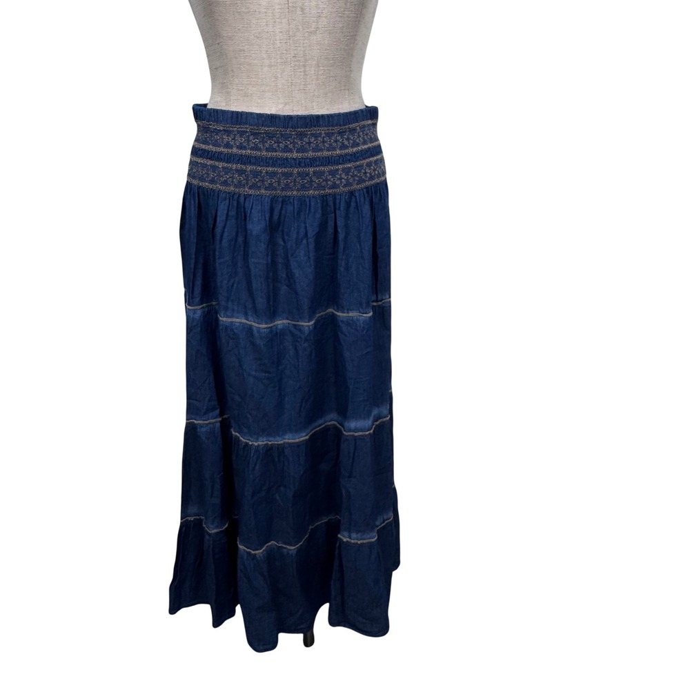 NWT Indigo & Lace Tiered Maxi Skirt XL Blue Denim Smocked Boho Peasant Cowgirl